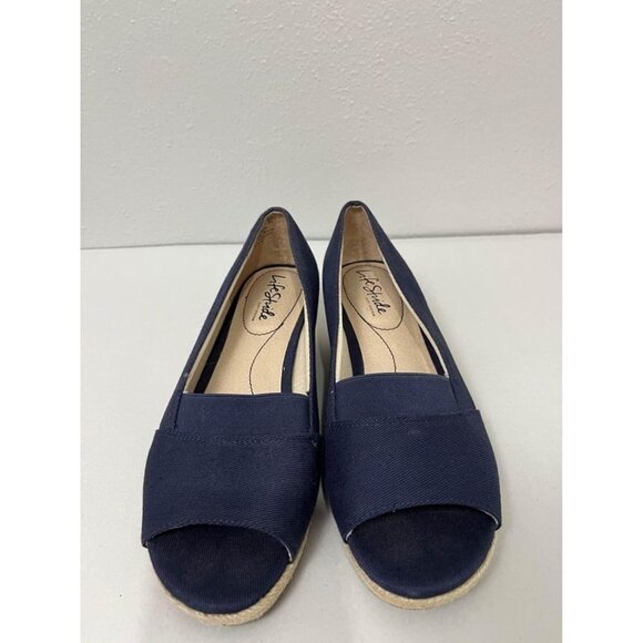 Life Stride sola wedge open toe fabric upper shoes navy blue size 7 - Picture 2 of 8